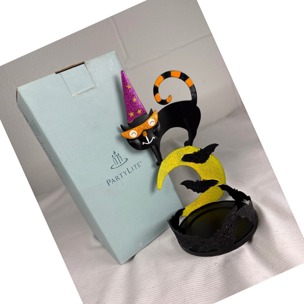 PartyLite Charmed Cat Votive Candle Holder P90517 Halloween Black Cat Moon Bats